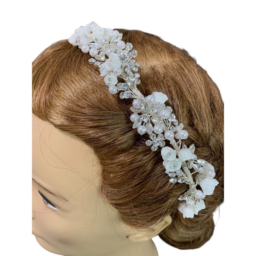 Silvertone and White Floral Girls Headband First Communion Formal Crystal